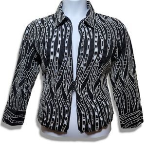 Samuel Dong Black & White Striped Zip Fully Cut-Out 3/4 Sleeve Blazer Jacket